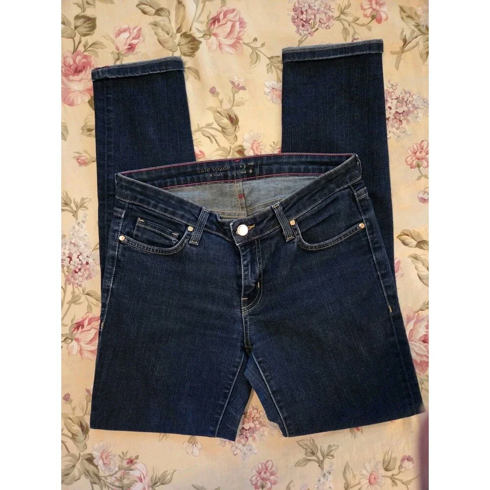 Kate Spade Play Hooky Skinny Jeans Broome Street Size 27 Dark Wash Pink Stitch